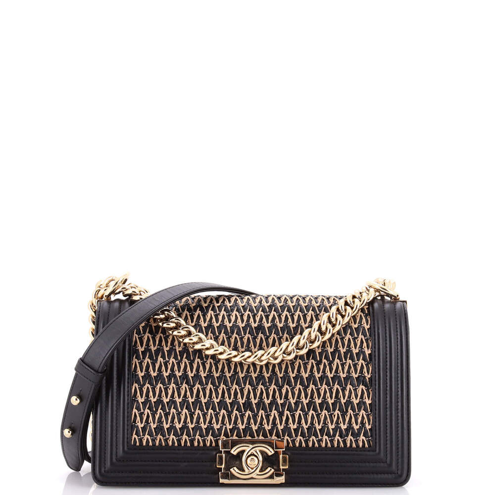 Chanel Old Medium Boy Flap Bag Chevron Woven Raffia and Leather